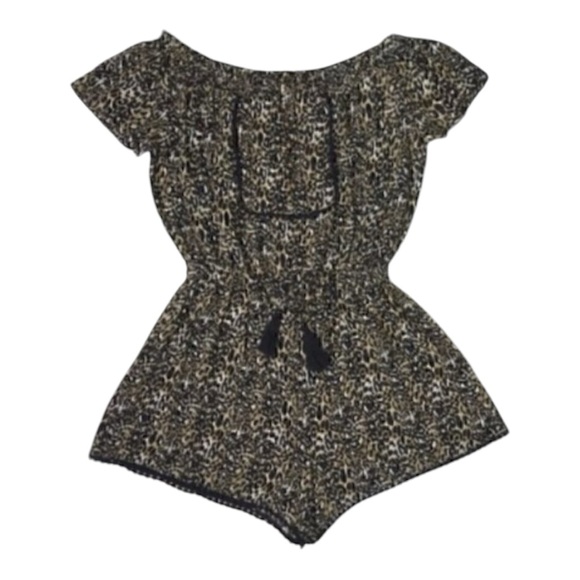Rewind Pants - NWT Rewind leopard print off the shoulder romper size XS Pom Pom tassels trendy